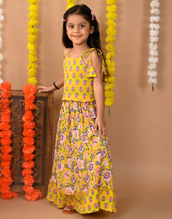 Yellow Cotton printed Lehenga with sleeveless tie on top