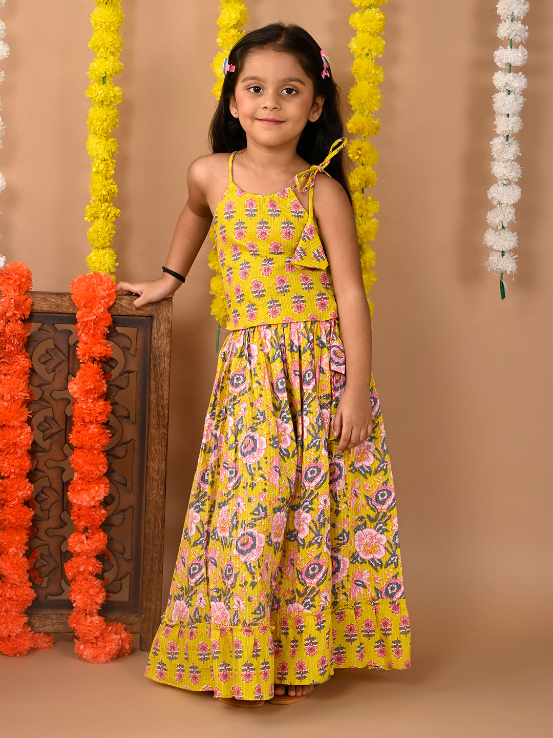 Yellow Cotton printed Lehenga with sleeveless tie on top