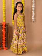 Yellow Cotton printed Lehenga with sleeveless tie on top