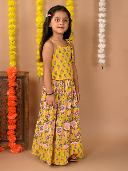 Yellow Cotton printed Lehenga with sleeveless tie on top