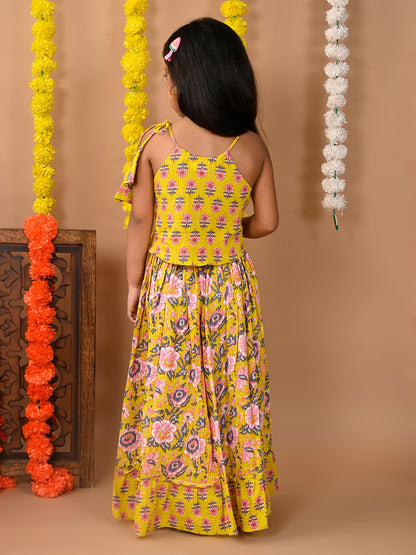 Yellow Cotton printed Lehenga with sleeveless tie on top