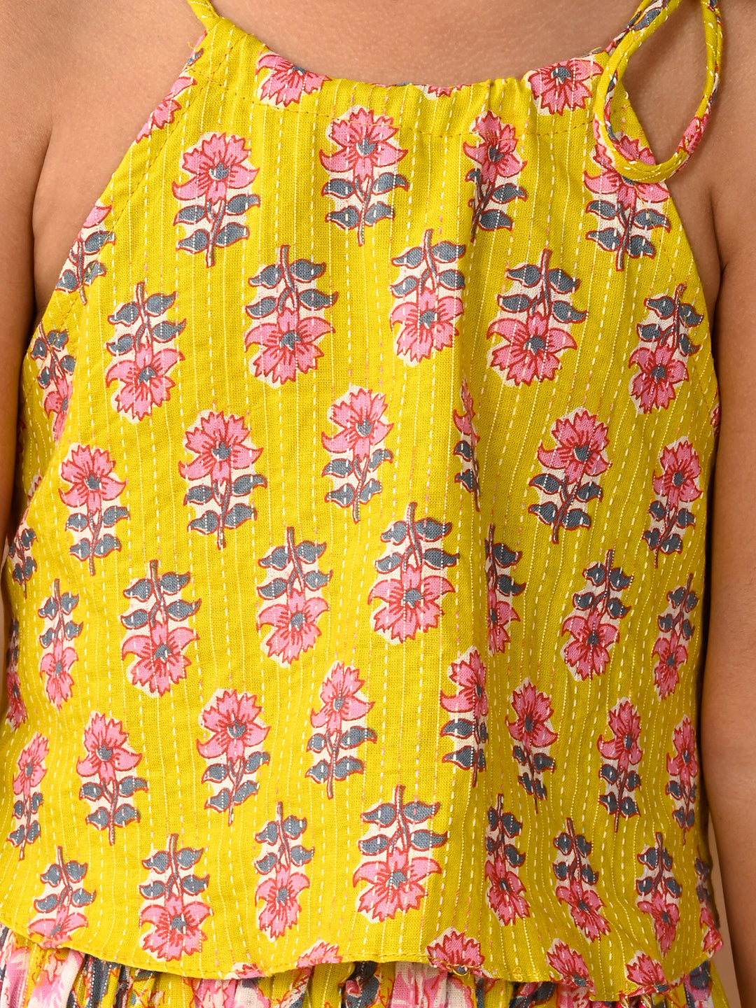 Yellow Cotton printed Lehenga with sleeveless tie on top