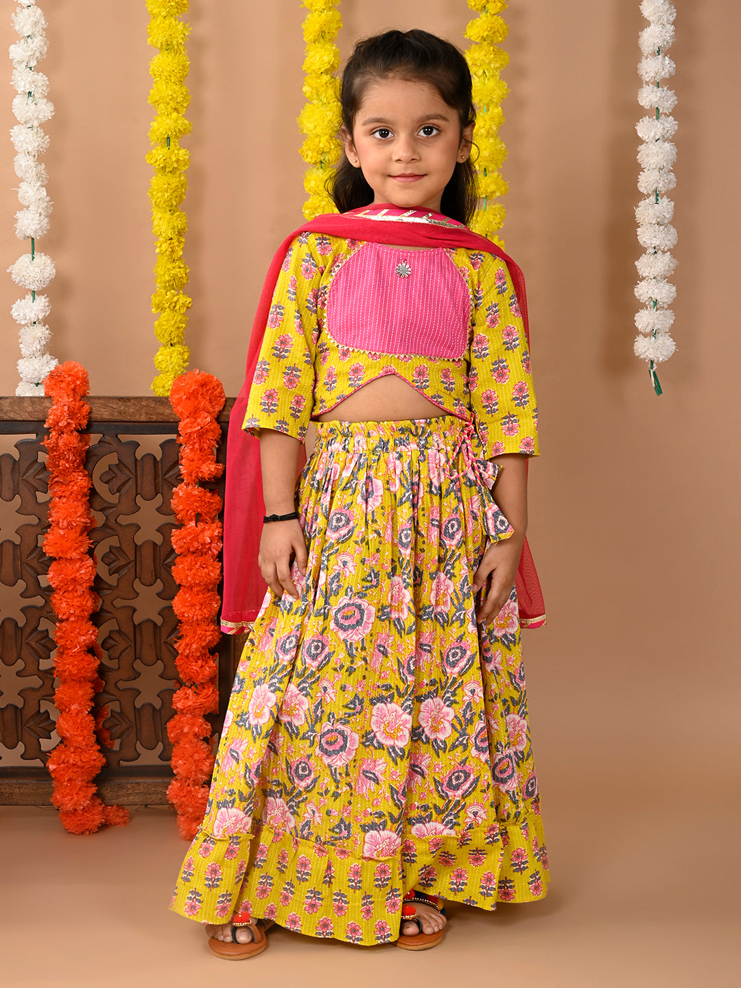 Yellow Cotton printed Lehenga with 3/4 Sleeves top and dupatta