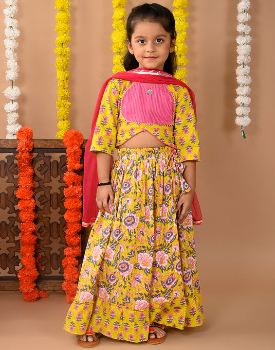 Yellow Cotton printed Lehenga with 3/4 Sleeves top and dupatta