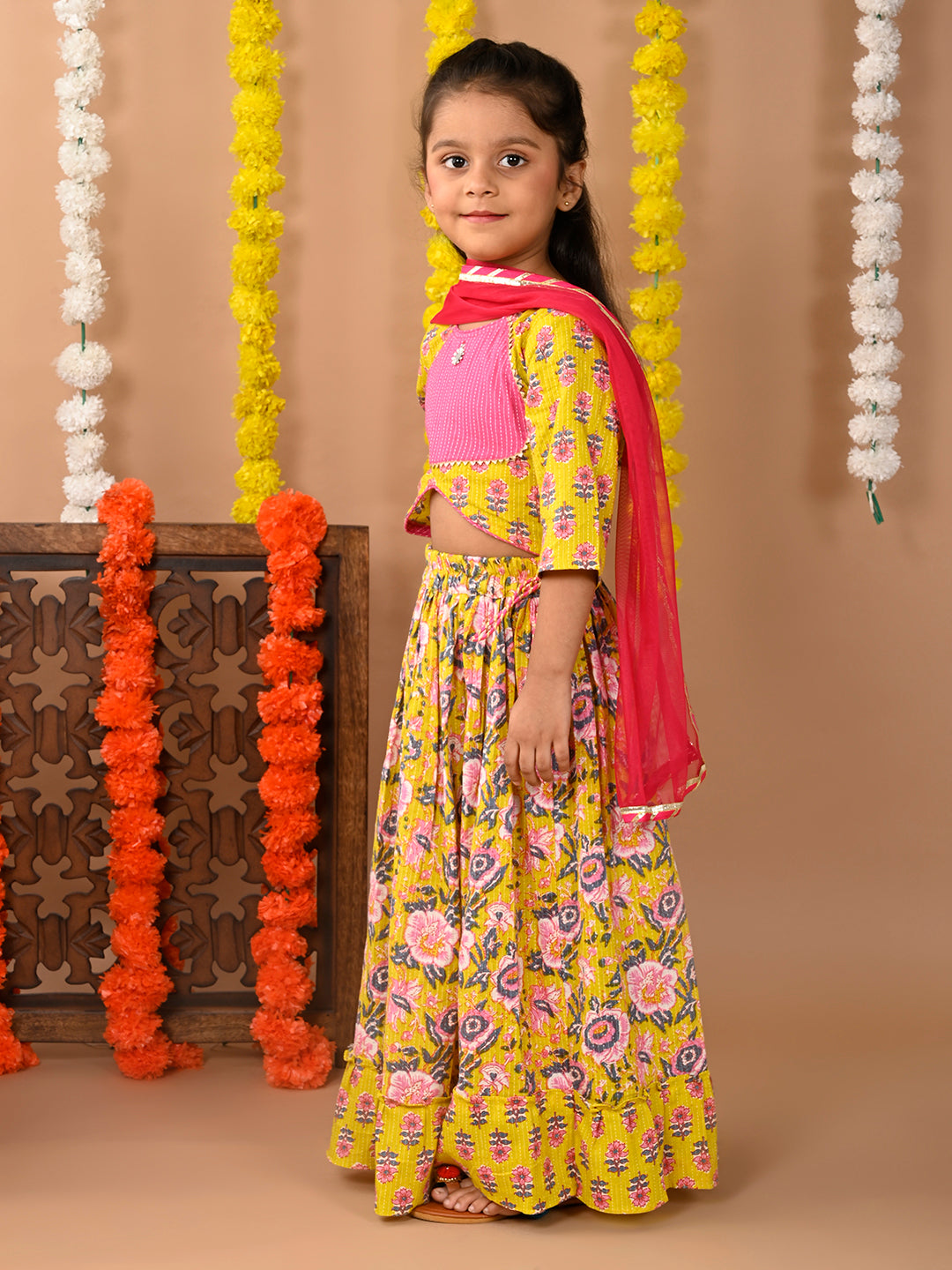 Yellow Cotton printed Lehenga with 3/4 Sleeves top and dupatta