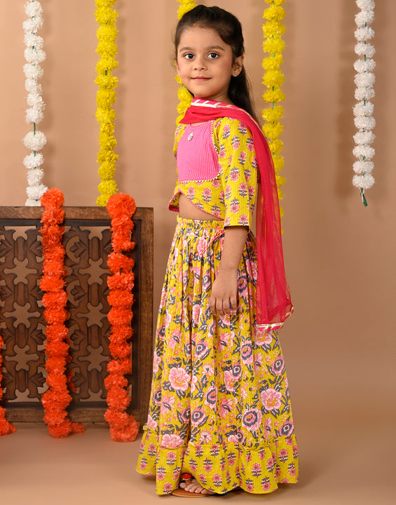 Yellow Cotton printed Lehenga with 3/4 Sleeves top and dupatta