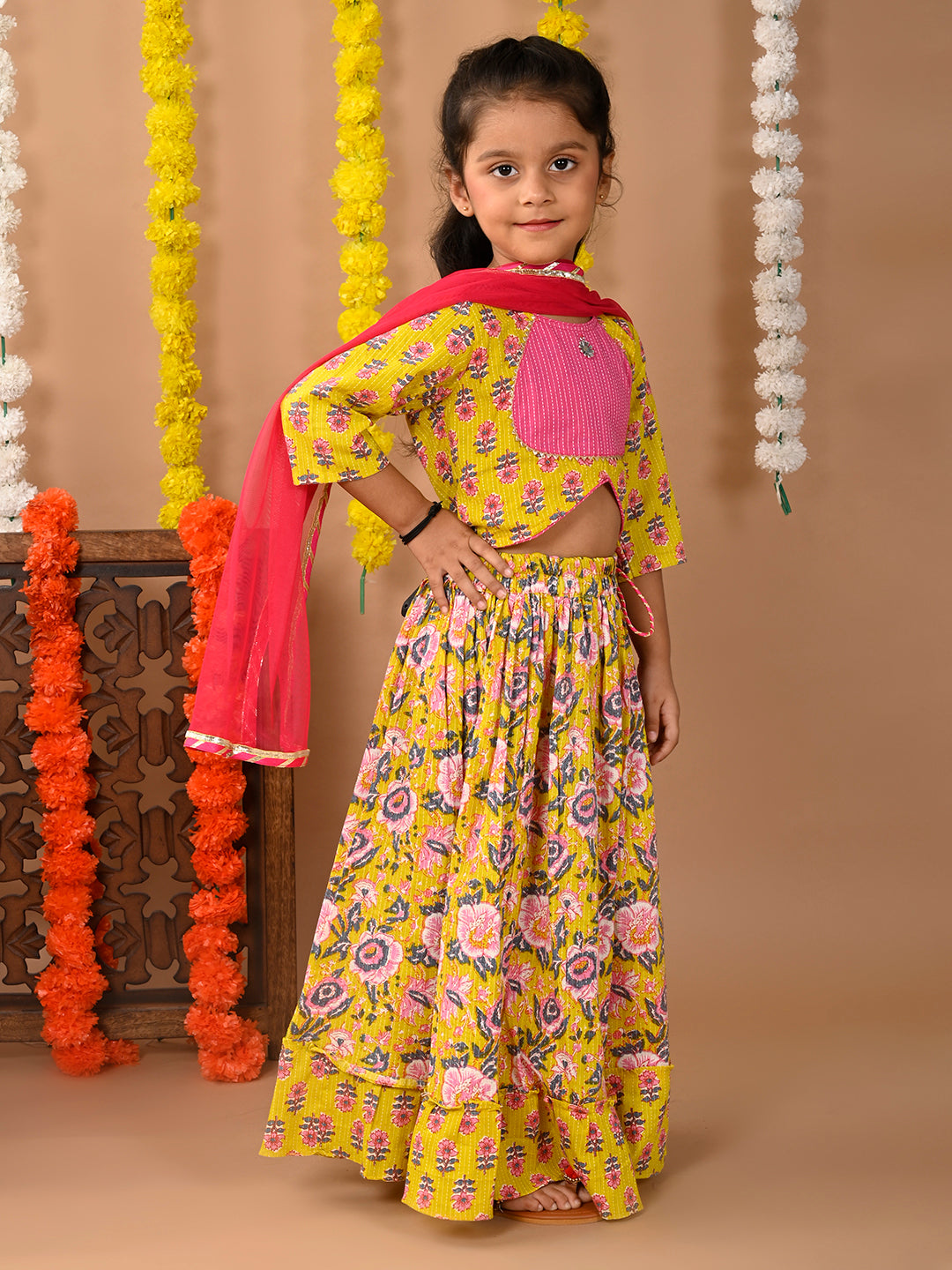 Yellow Cotton printed Lehenga with 3/4 Sleeves top and dupatta