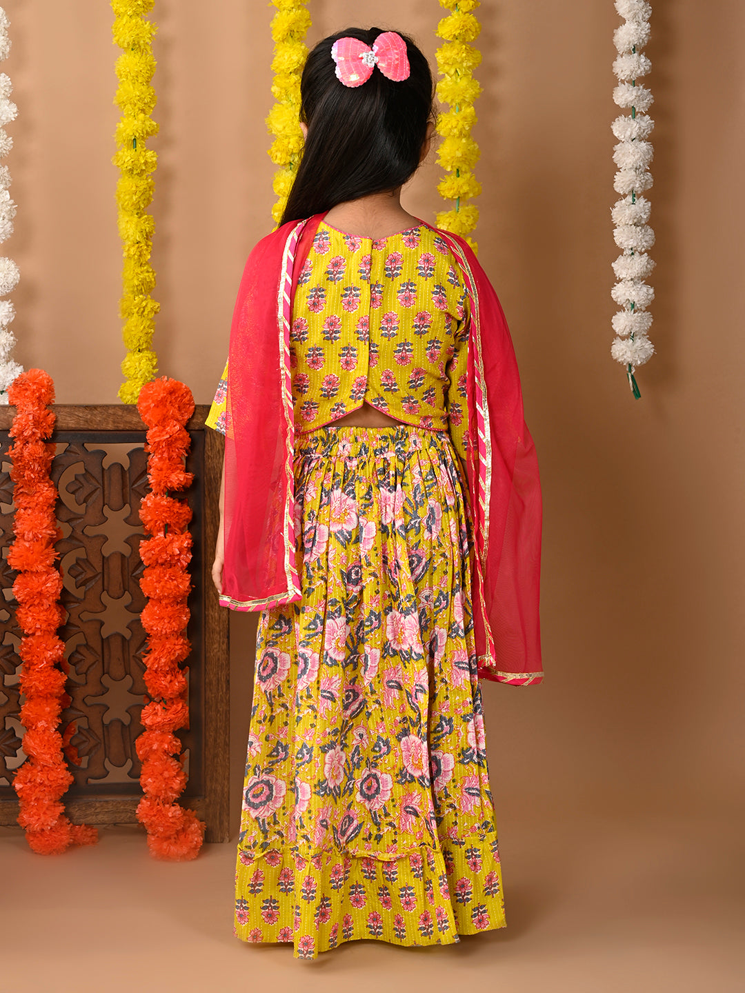 Yellow Cotton printed Lehenga with 3/4 Sleeves top and dupatta