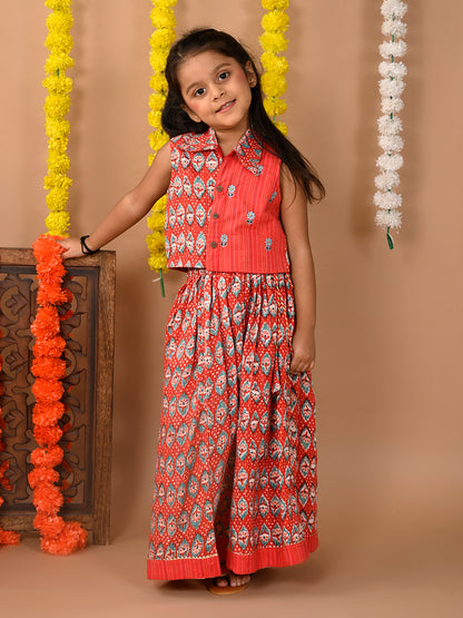 Red Lehenga with sleeveless collared embroidered top