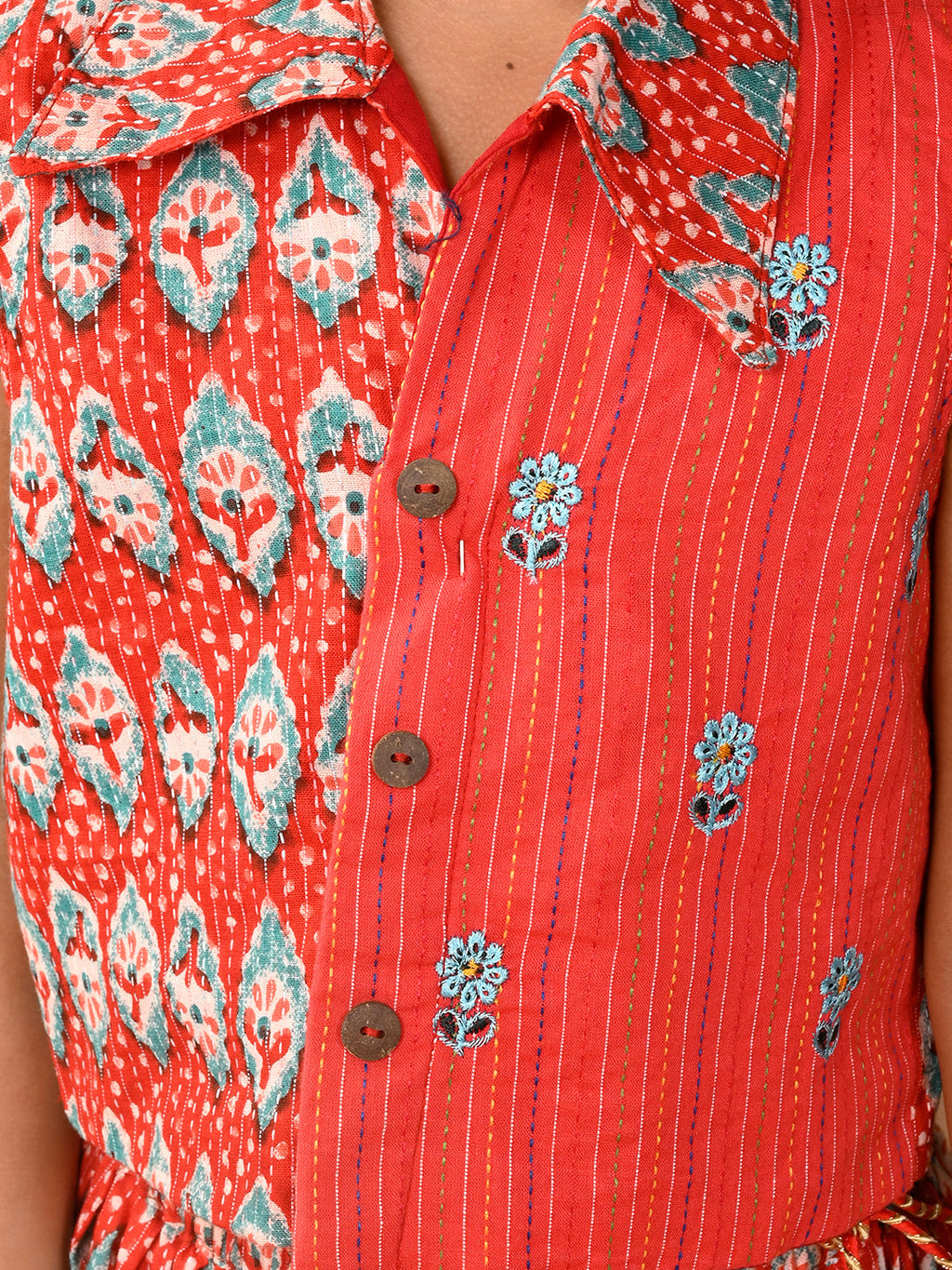 Red Lehenga with sleeveless collared embroidered top