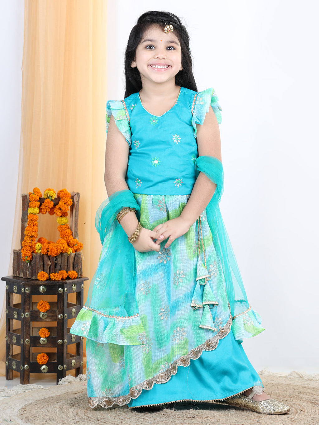 Blue floral foil embellished double layered lace work skirt with embroidered top and dupatta