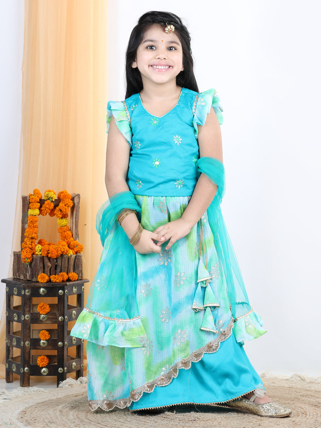Blue floral foil embellished double layered lace work skirt with embroidered top and dupatta