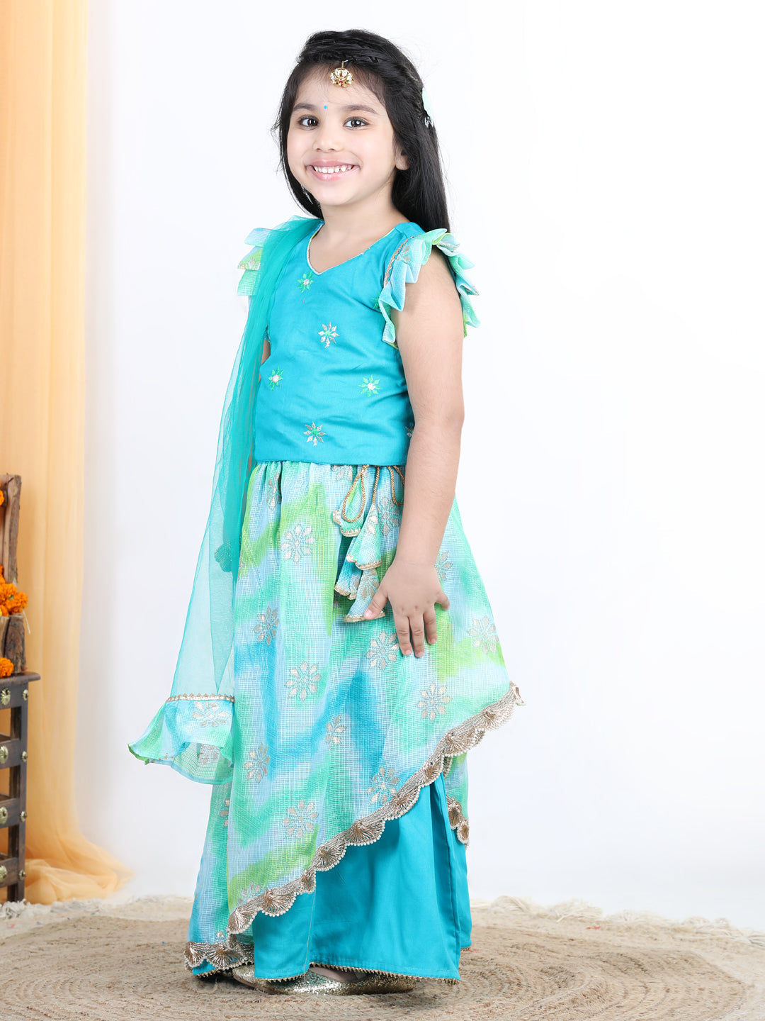 Blue floral foil embellished double layered lace work skirt with embroidered top and dupatta