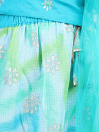 Blue floral foil embellished double layered lace work skirt with embroidered top and dupatta