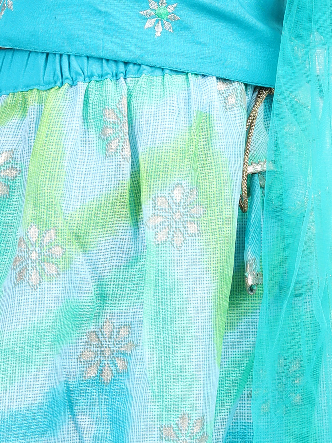 Blue floral foil embellished double layered lace work skirt with embroidered top and dupatta
