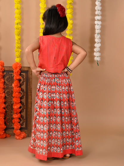 Red Cotton printed Lehenga with sleeveless embroidered top