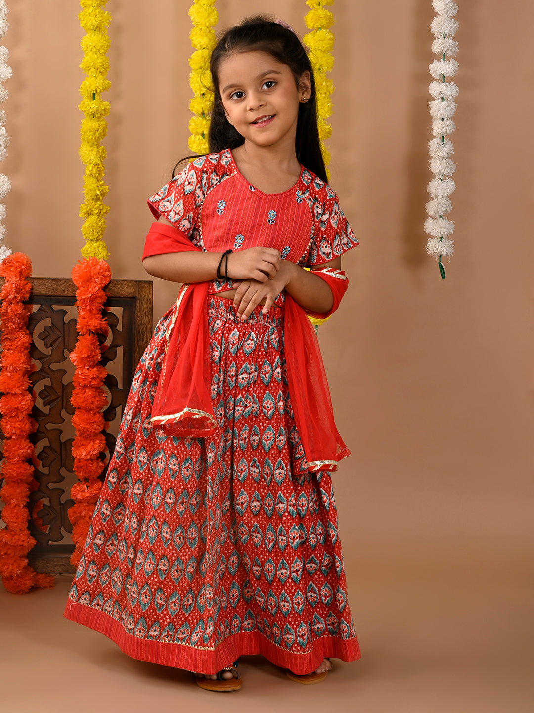 Red Cotton printed Lehenga with cap sleeves embroidered top and dupatta