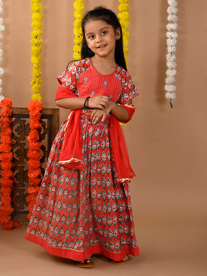 Red Cotton printed Lehenga with cap sleeves embroidered top and dupatta