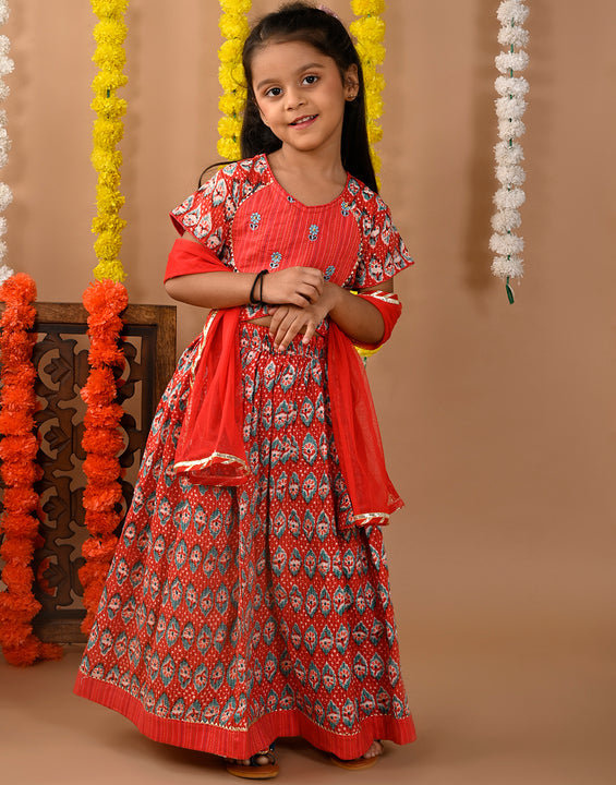 Red Cotton printed Lehenga with cap sleeves embroidered top and dupatta