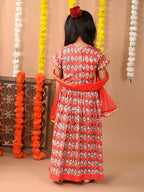 Red Cotton printed Lehenga with cap sleeves embroidered top and dupatta