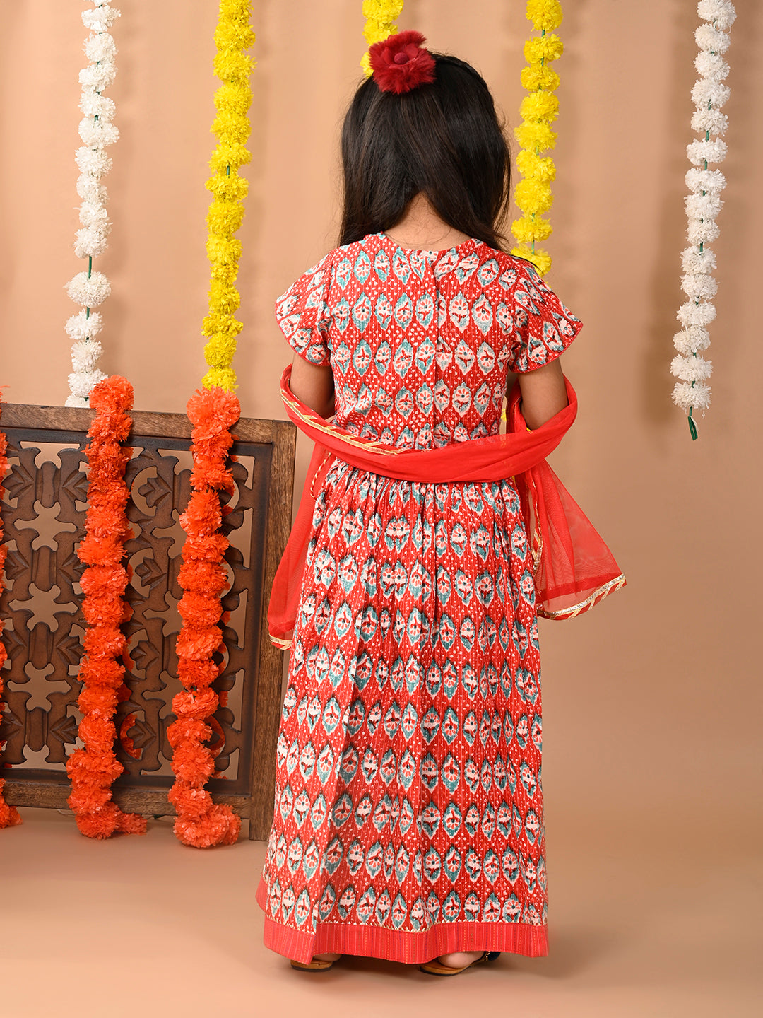 Red Cotton printed Lehenga with cap sleeves embroidered top and dupatta