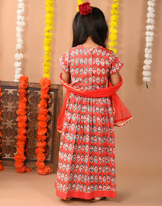 Red Cotton printed Lehenga with cap sleeves embroidered top and dupatta