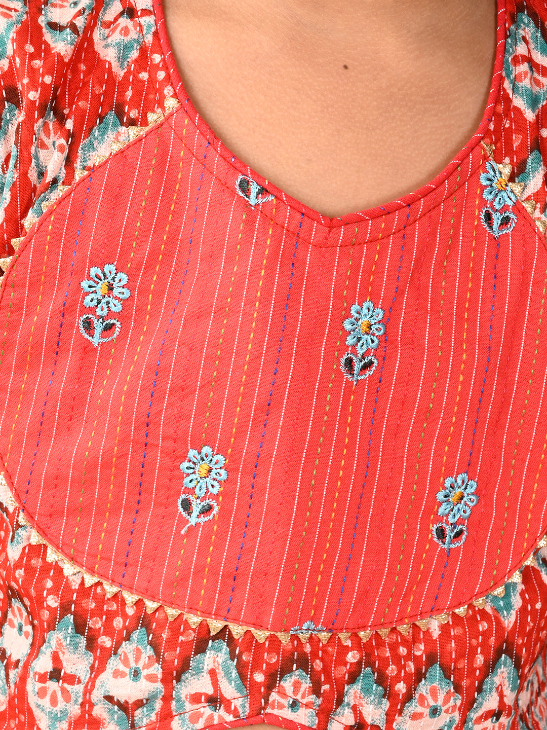 Red Cotton printed Lehenga with cap sleeves embroidered top and dupatta