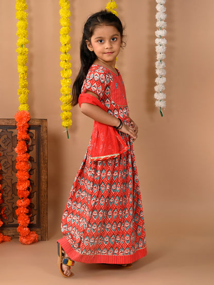 Red Cotton printed Lehenga with cap sleeves embroidered top and dupatta