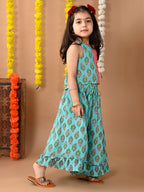 Green Cotton printed Lehenga with Peach sleeveless embroidered tie on top