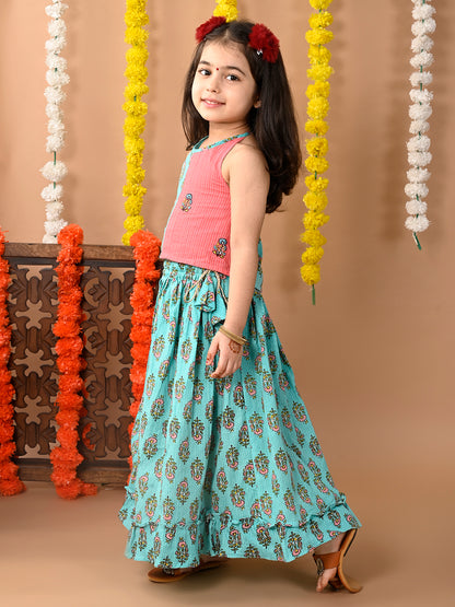 Green Cotton printed Lehenga with Peach sleeveless embroidered tie on top