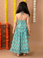 Green Cotton printed Lehenga with Peach sleeveless embroidered tie on top
