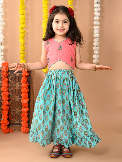 Green Cotton printed Lehenga with Peach sleeveless embroidered top