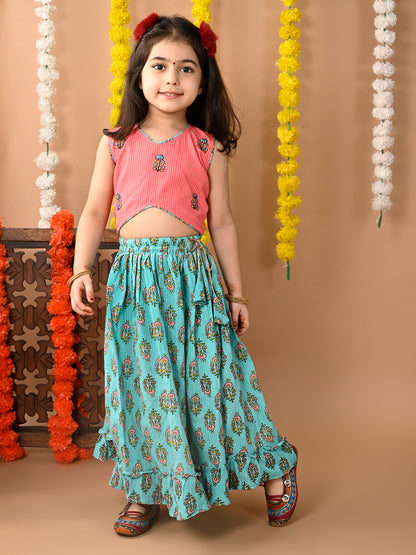 Green Cotton printed Lehenga with Peach sleeveless embroidered top