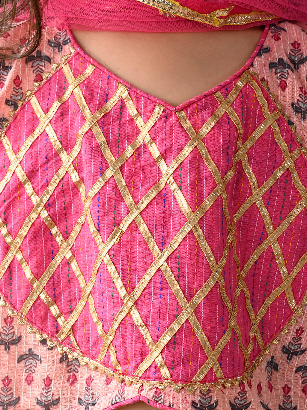 Pink Cotton printed Lehenga with 3/4 Sleeves top and dupatta