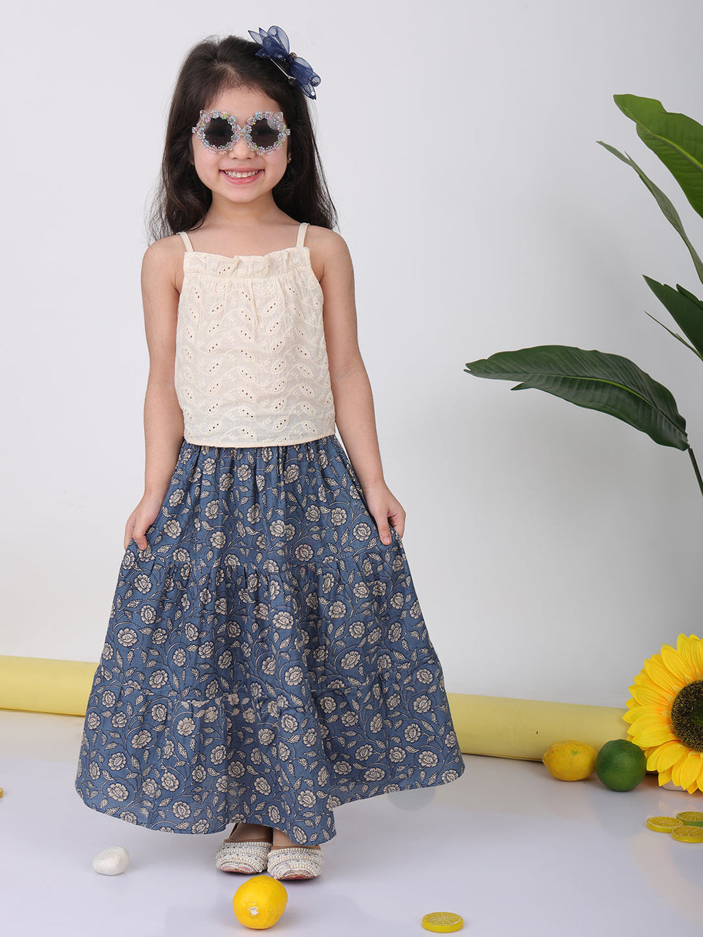 Blue Floral printed Lehenga with white hakoba top