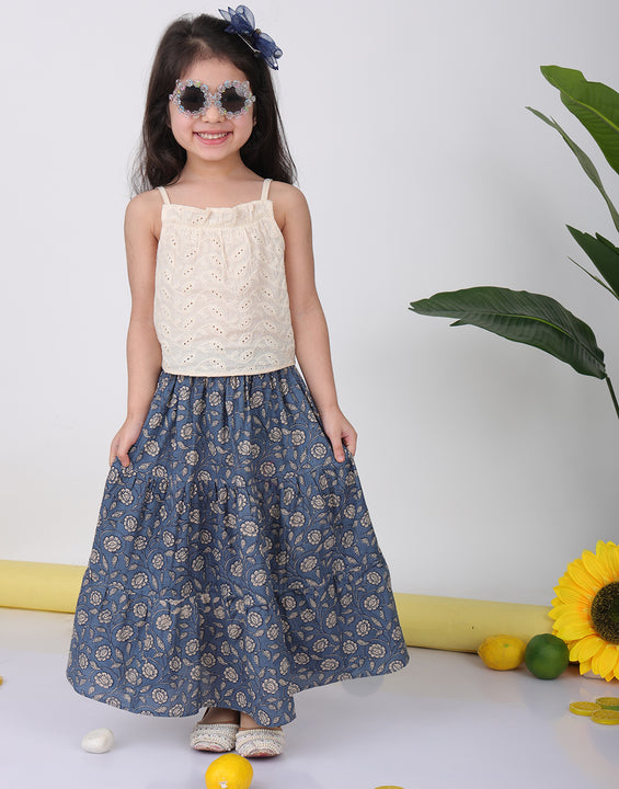 Blue Floral printed Lehenga with white hakoba top