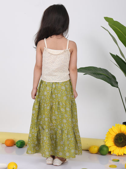 Green Floral printed Lehenga with white hakoba top