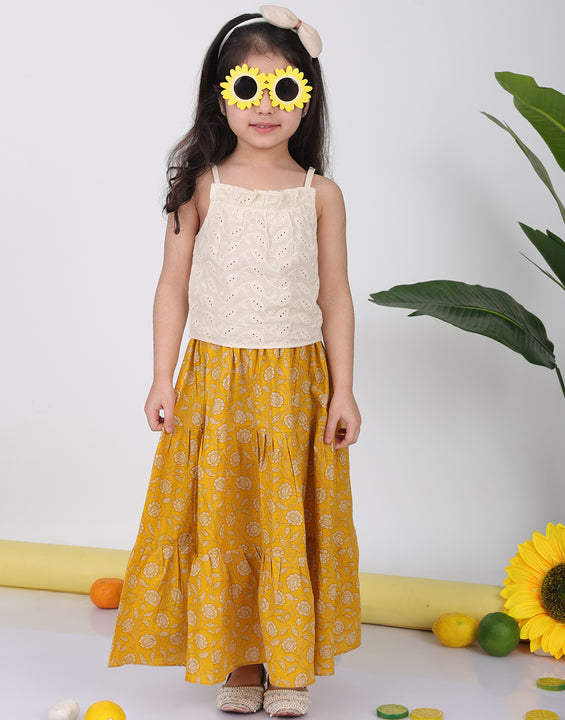 Yellow Floral printed Lehenga with white hakoba top