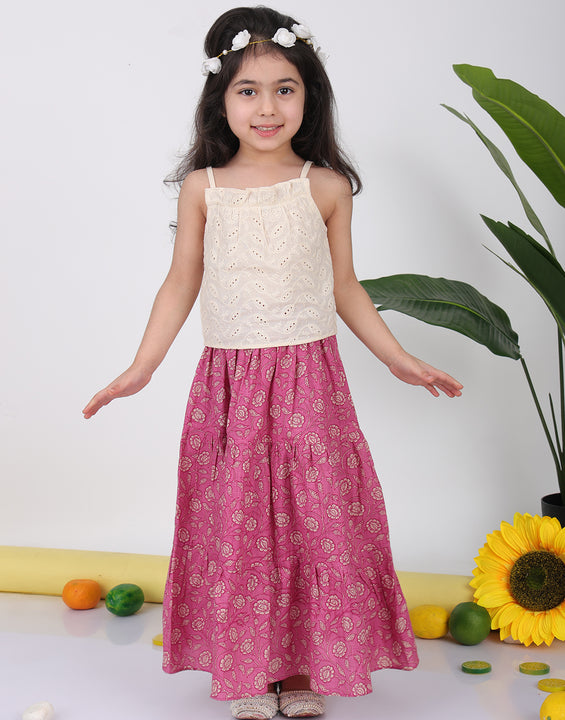 Pink Floral printed Lehenga with white hakoba top