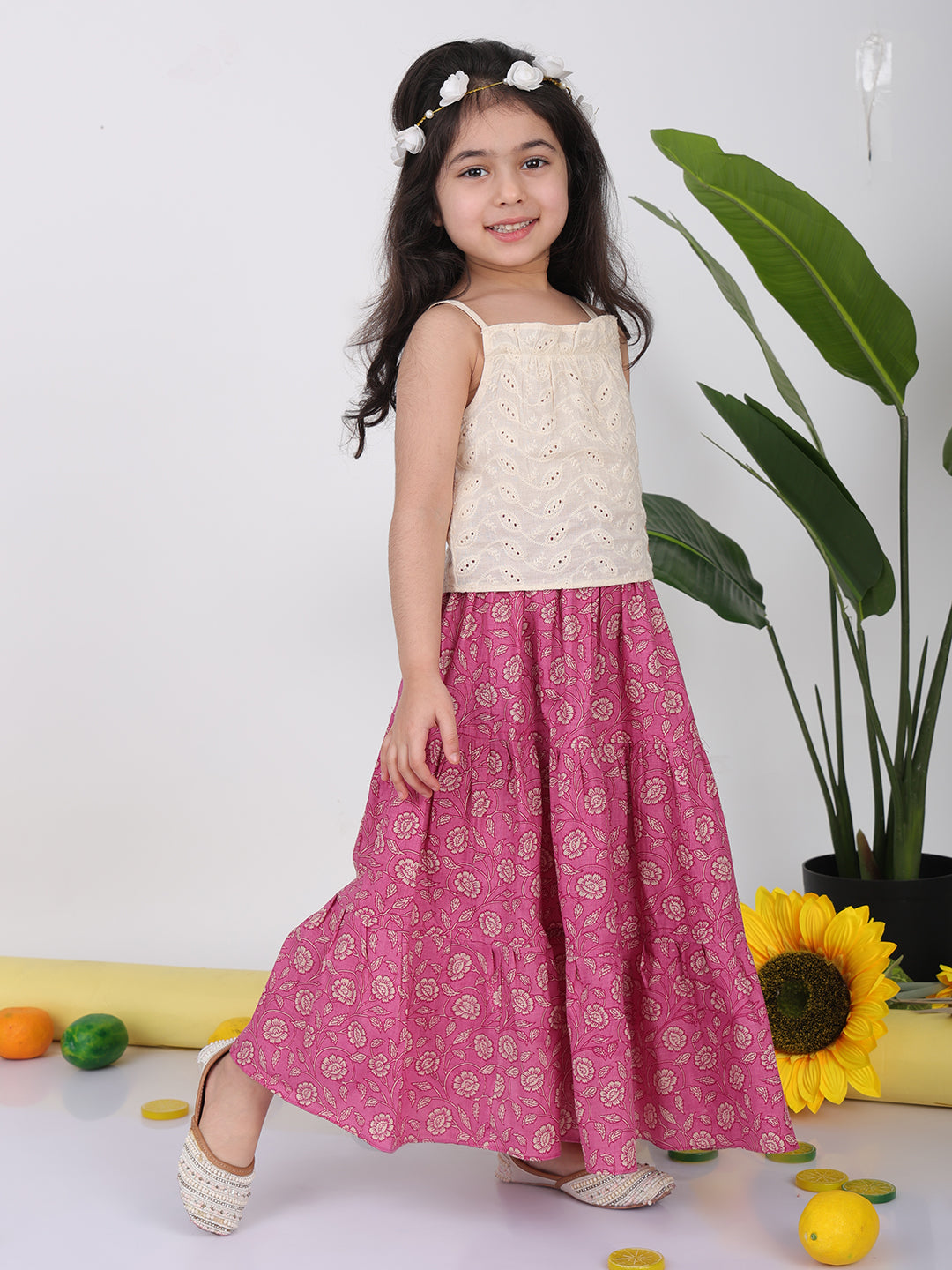 Pink Floral printed Lehenga with white hakoba top