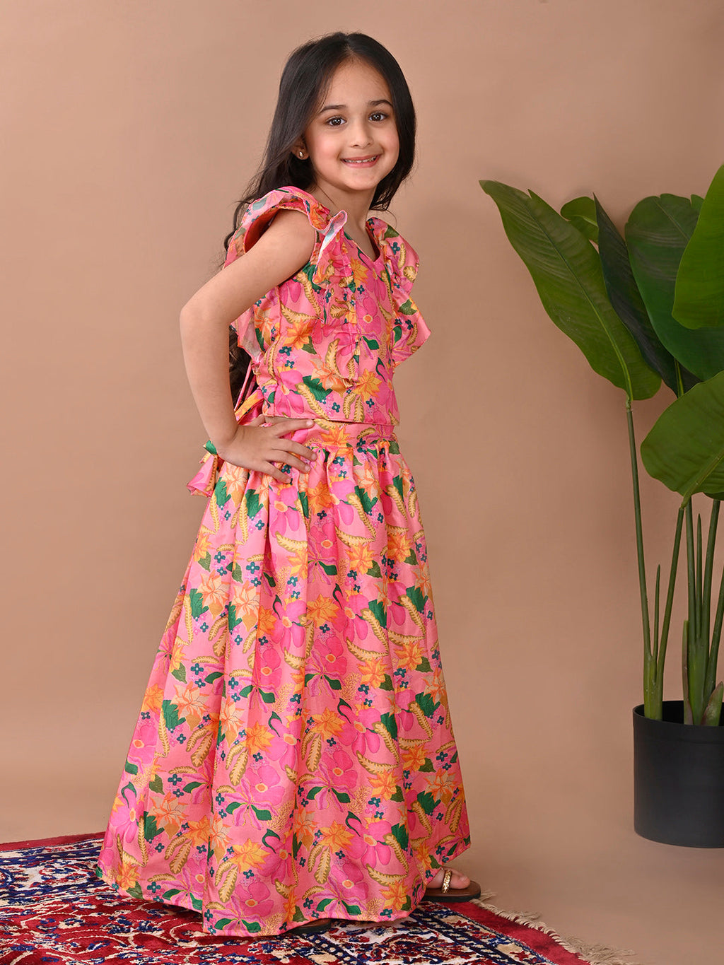 Pink cap sleeves floral printed Lehenga set