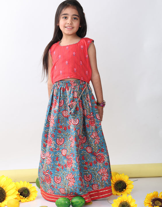 Blue Printed Lehenga with embroidered top