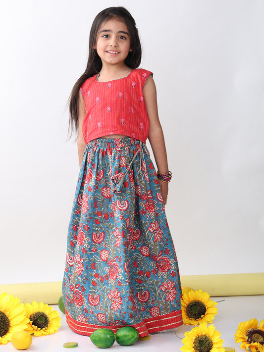 Red sleeveless embroidered blouse paired with printed lehenga- Red Blue