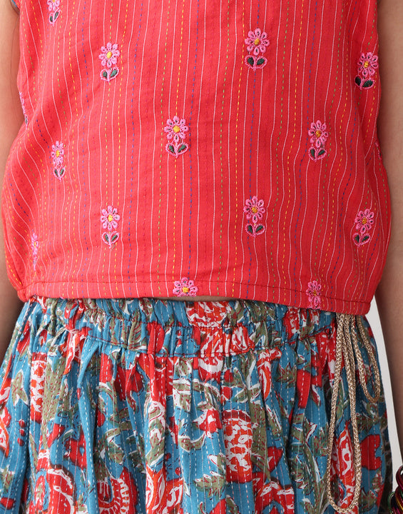 Blue Printed Lehenga with embroidered top