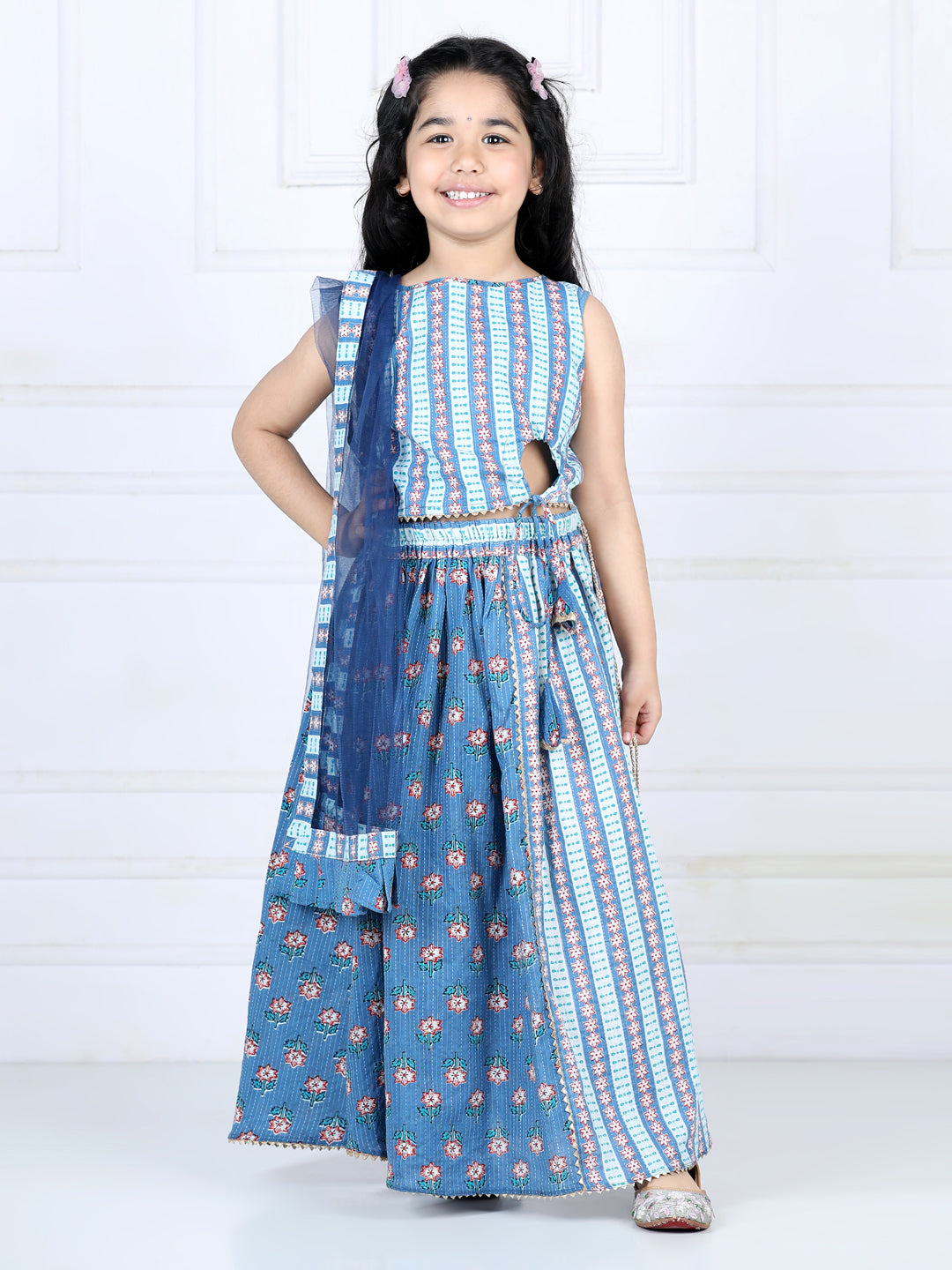 Blue Floral printed top with lehenga and dupatta