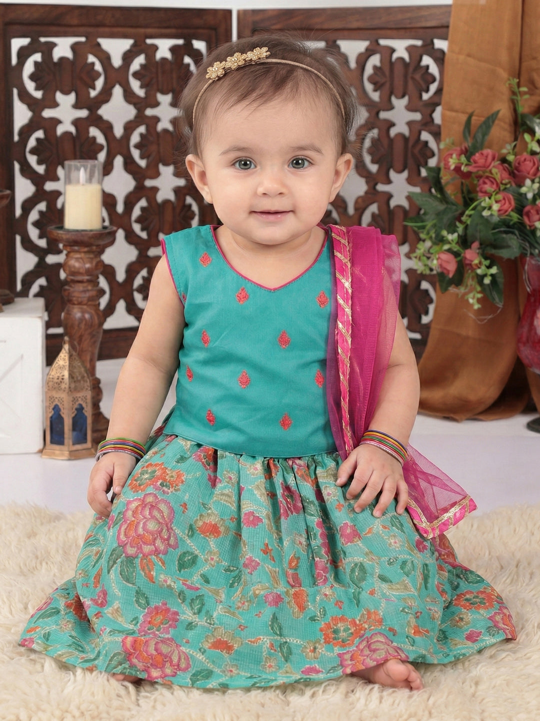 Blue Flower Embroidered  Choli & Floral Printed Lehenga With Dupatta