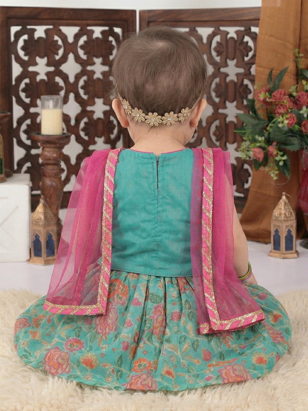 Blue Flower Embroidered  Choli & Floral Printed Lehenga With Dupatta