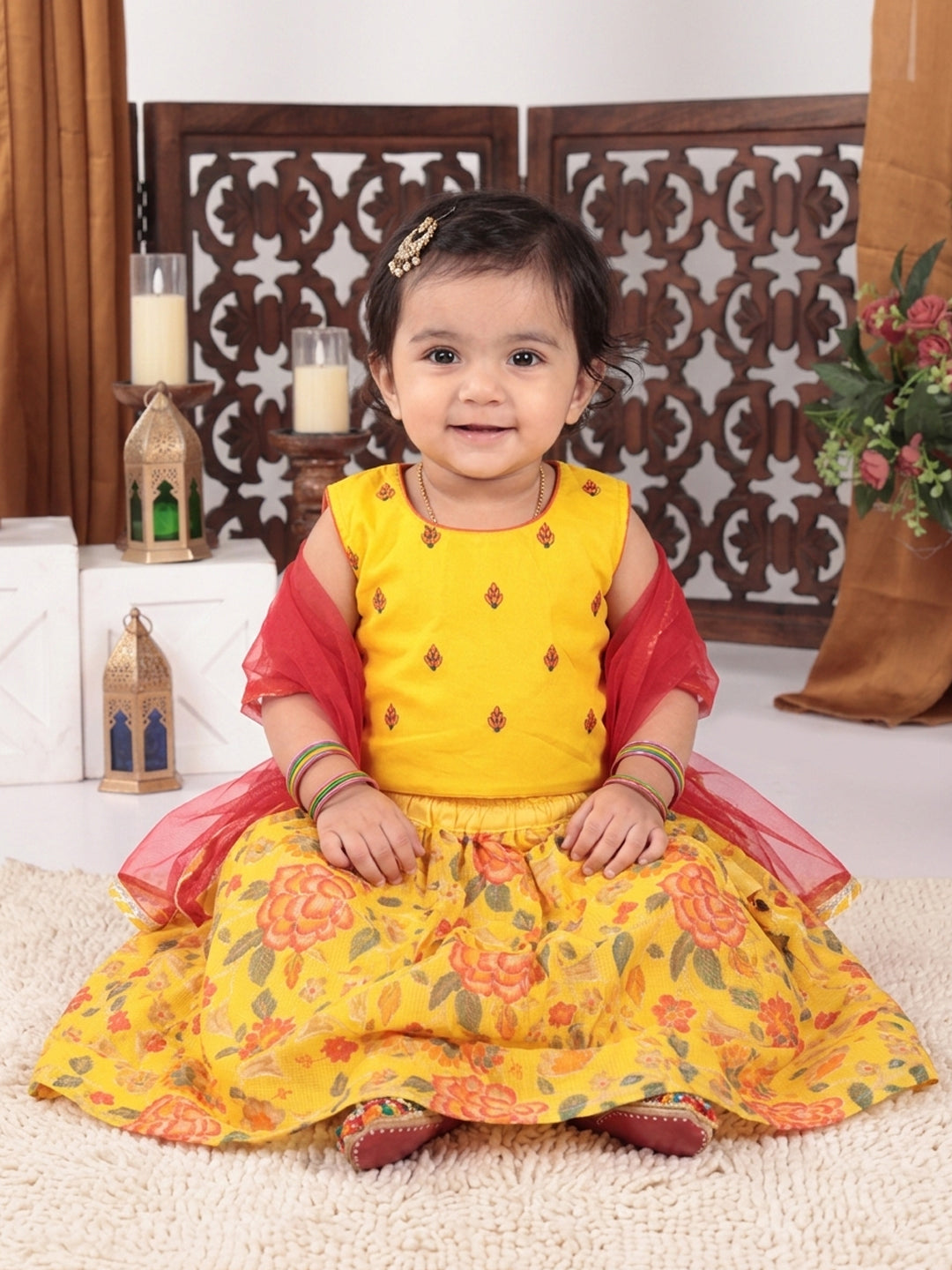 Yellow Flower  Embroidered  Choli & Floral Printed Lehenga With Dupatta