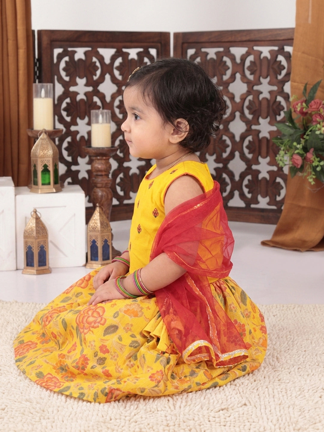 Yellow Flower  Embroidered  Choli & Floral Printed Lehenga With Dupatta