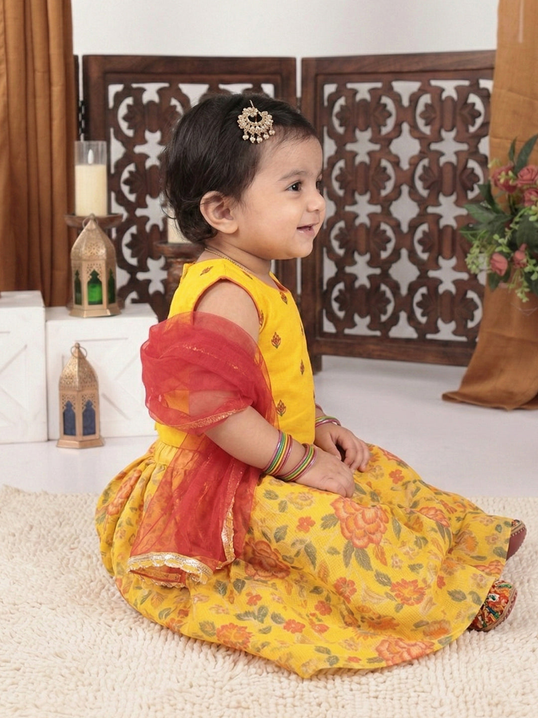 Yellow Flower  Embroidered  Choli & Floral Printed Lehenga With Dupatta